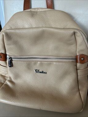 Valentina Cream Leather Backpack with Brown Trim